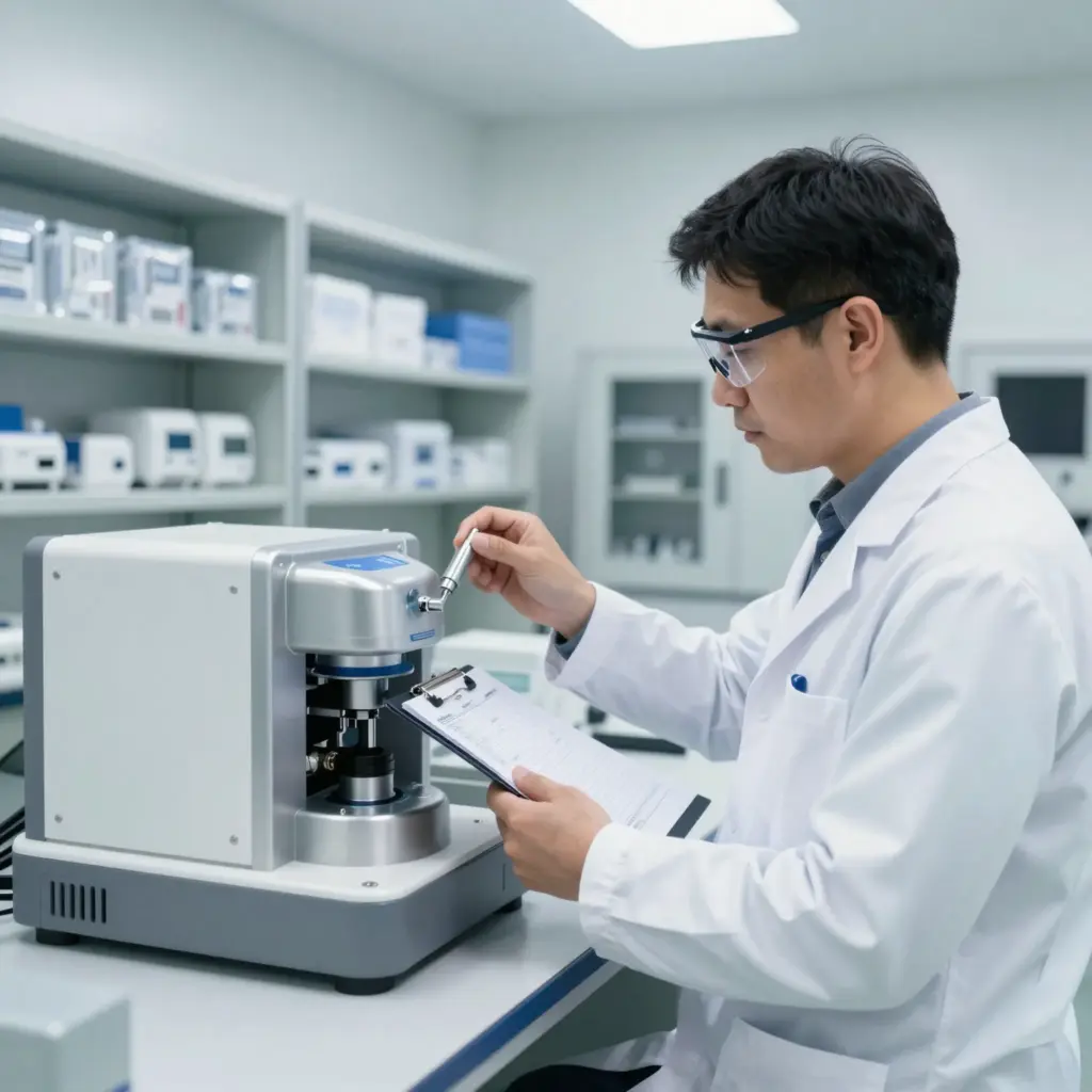 A biomedical engineer inspecting medical device in lab